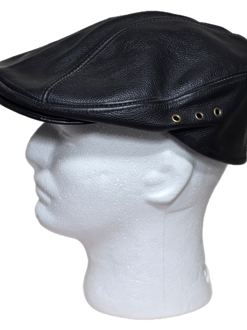 New York Hat Company Black Genuine Leather Newsboy Cap L/XL Made In USA Y2K